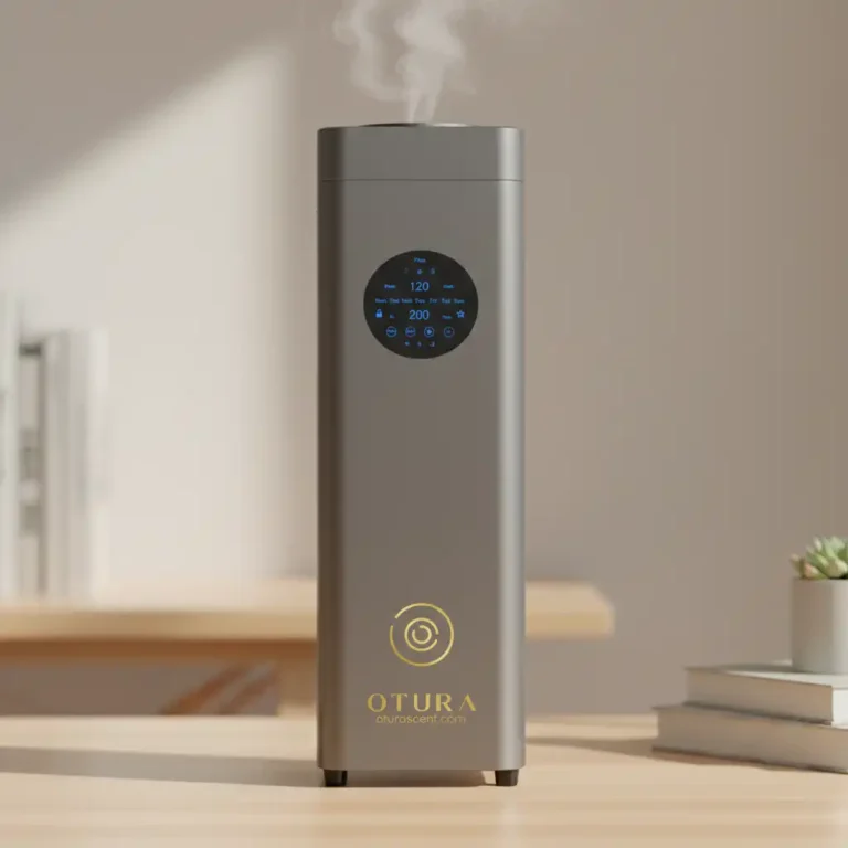 OTURA ELITE professional large-scale scent diffuser emitting mist on wooden table in home office setting