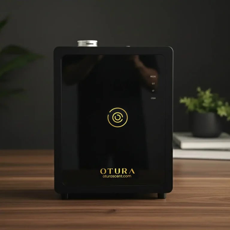 Black OTURA LUMIS Series premium glass-front scenting system on wooden desk with app controls for luxury spaces