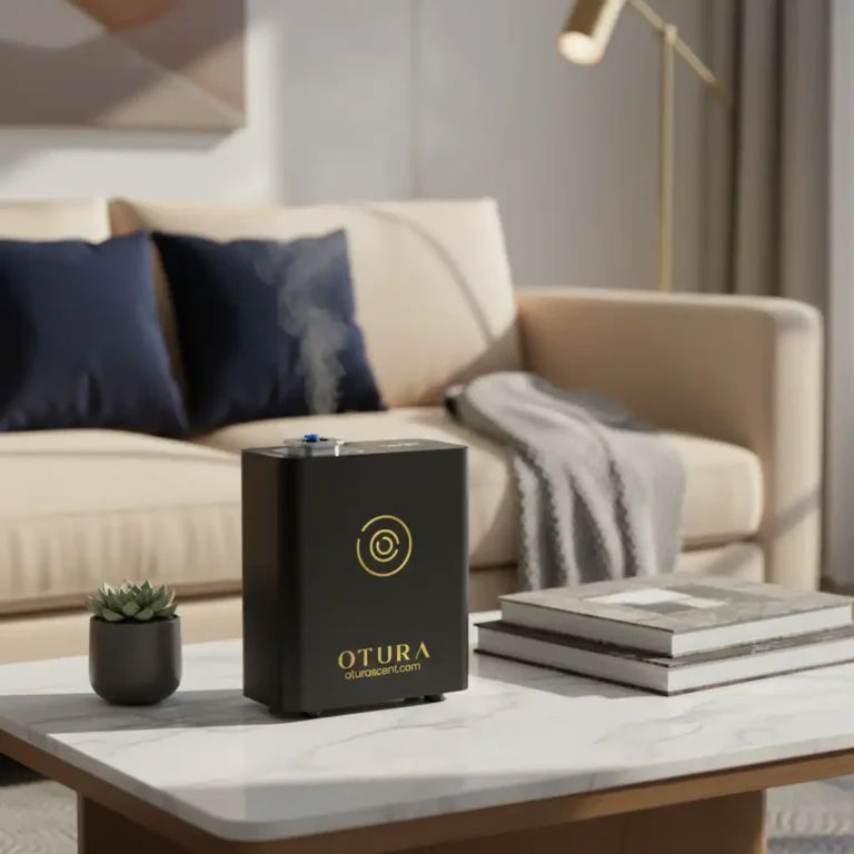 Silver OTURA LUXE smart ambient scenting system on tabletop for large-space fragrance coverage