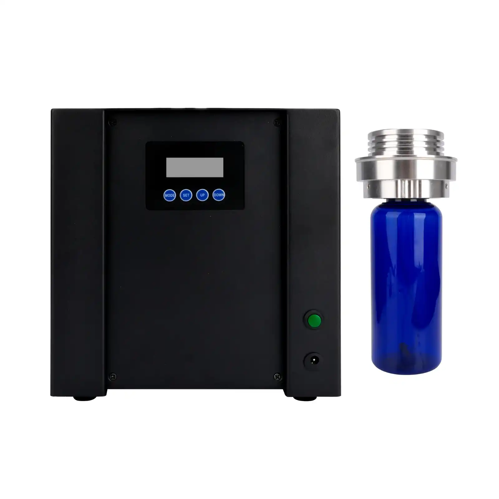 Black Otura Nexus professional scent diffuser unit with a digital display panel, shown next to its attachable 500ml blue oil reservoir bottle.