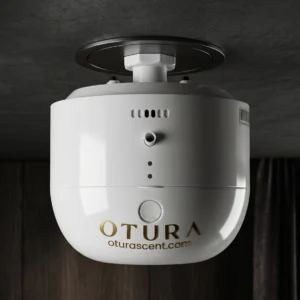 OTURA ORBIS Commercial Scent Machine mounted cleanly on a retail ceiling.