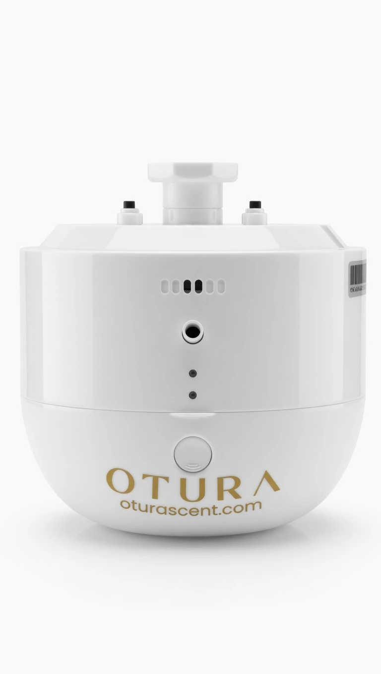 Front view of the white OTURA ORBIS professional scent diffuser featuring gold branding, capable of Bluetooth and WiFi management.