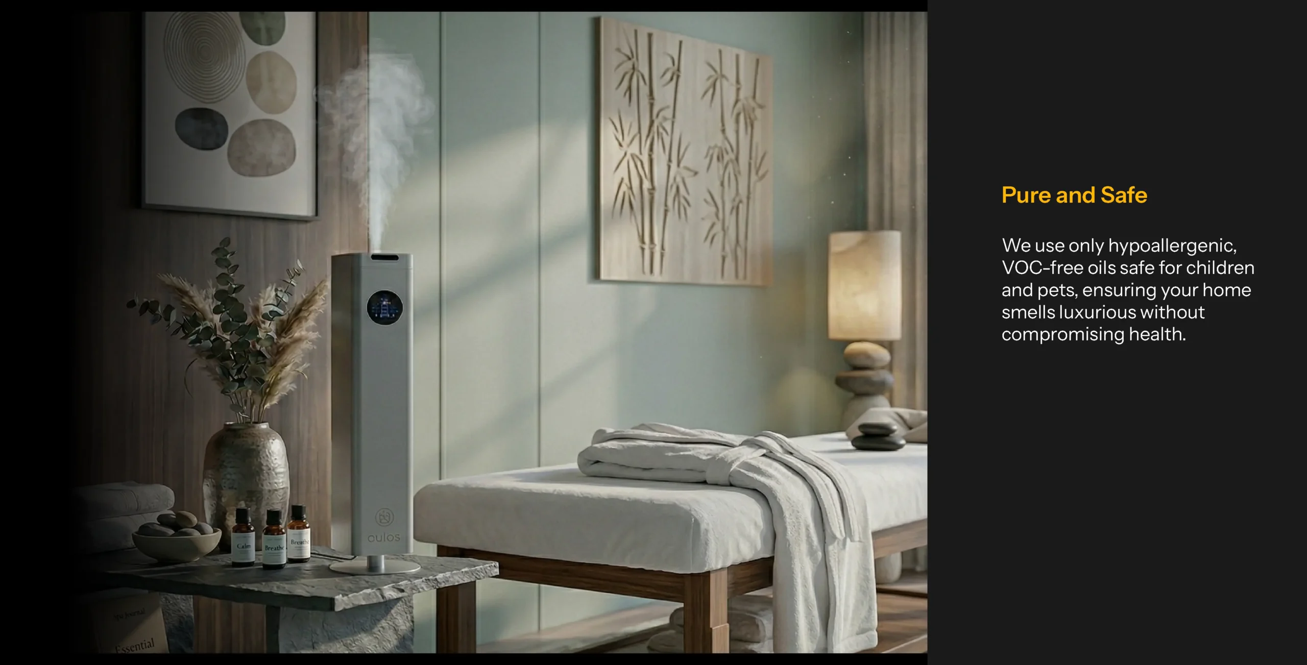 A black and gold Otura Scent standalone diffuser releasing a fine mist on a wooden dresser in a modern, minimalist luxury bedroom.