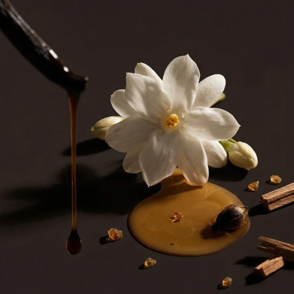 Rich essential oil dripping next to a white blossom and spices, showcasing the pure ingredients used in Otura Scent's signature fragrances.