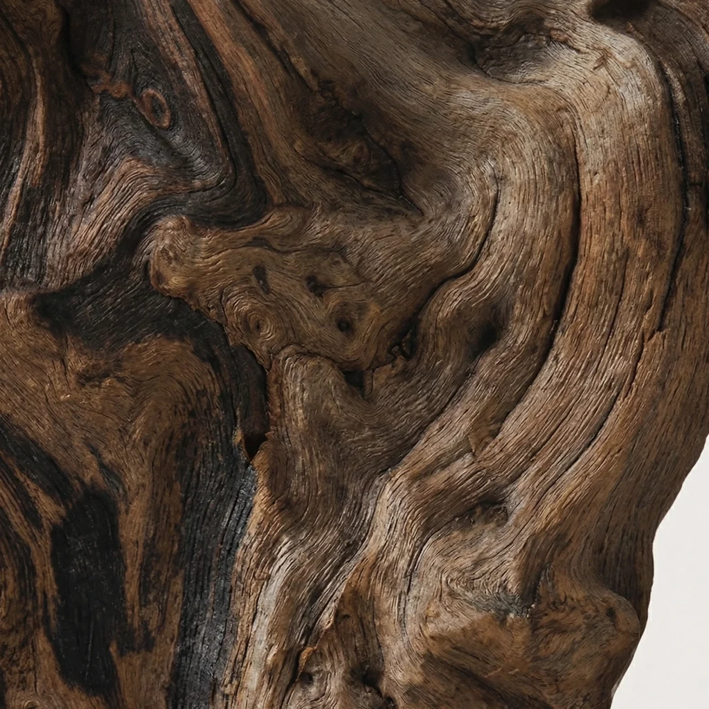 Close-up of rich textured wood, representing the natural, earthy base notes used in Otura Scent's artisanal aroma oils.