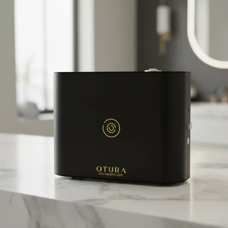 Black Otura Aeris professional curved scent diffuser with gold logo, displayed on a white marble countertop.