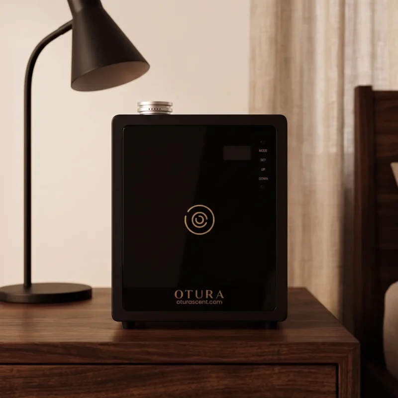 Black OTURA LUMIS Glass HVAC Diffuser on a wooden nightstand in a dimly lit bedroom.