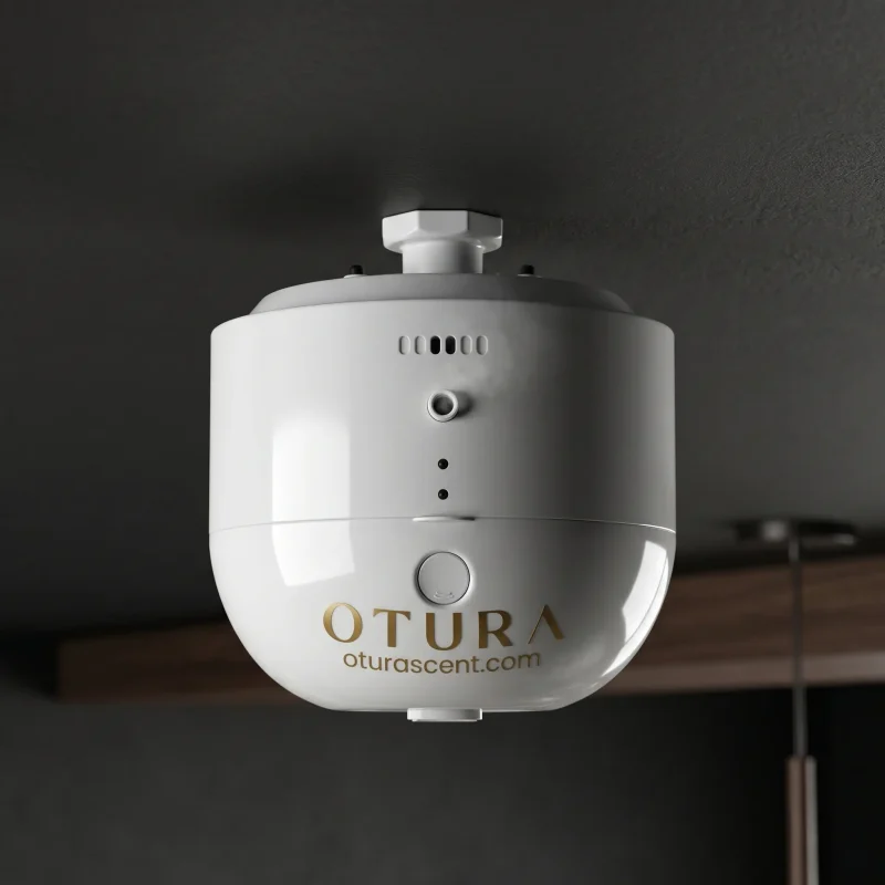 White Otura Orbis smart ambient scent diffuser mounted to a dark ceiling, emitting a fine fragrance mist.
